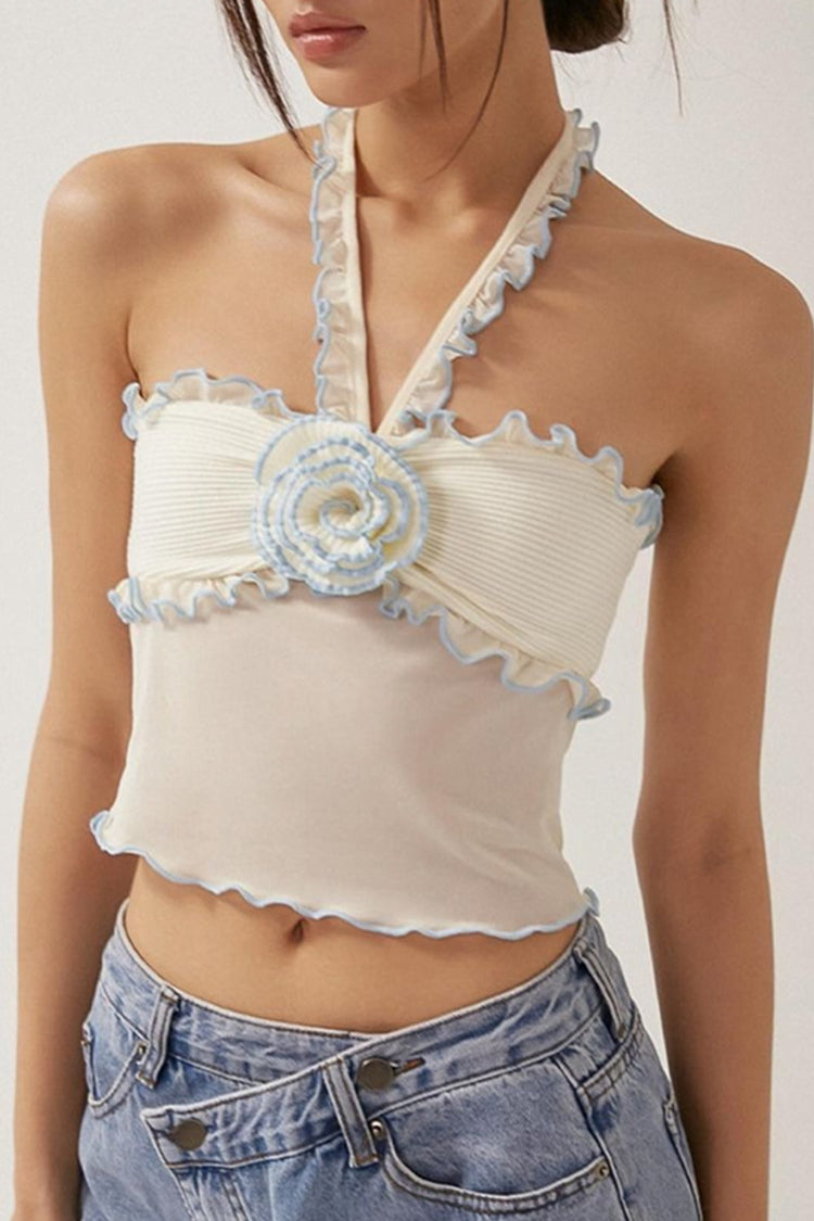 Sexy hot girl's short halter top with three-dimensional flower decoration and fungus