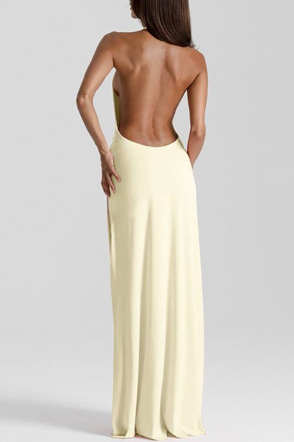 Sexy Backless Halter Long Gown Deep V Twist High Split Vacation Party Floor-Length Dress
