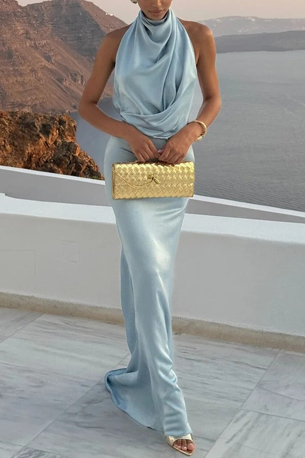 Unforgettable Satin High Drape Neck Open Back Flare Maxi Dress