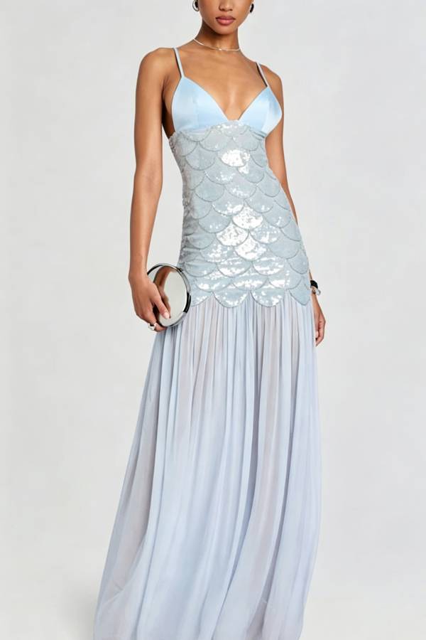 Eileyn V-neck Fan-shaped Sequined Chiffon Hem Slip Maxi Dress