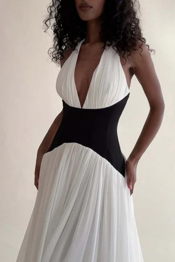 Fashionable Color Matching Sexy Halter Neck Waist Maxi Dress