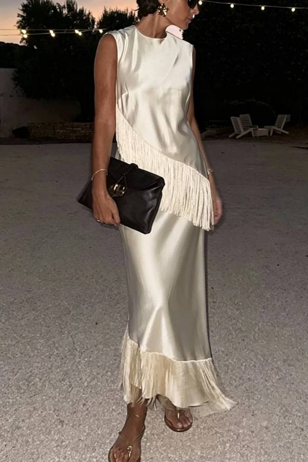 Joesie Satin Round Neck Bias Cut Tassel Trim Sleeveless Midi Dress
