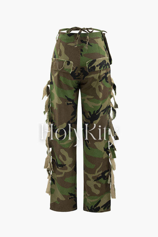Pantalon droit à franges imprimé camouflage 