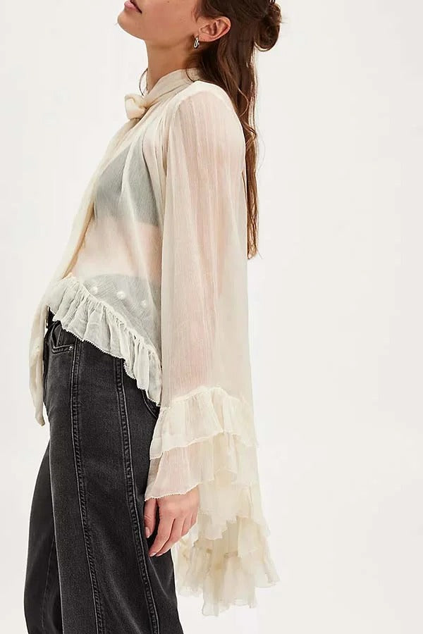 Flowy See-through Ruffle Tie-up Neck Bell Sleeve High-low Hem Cape Shirt