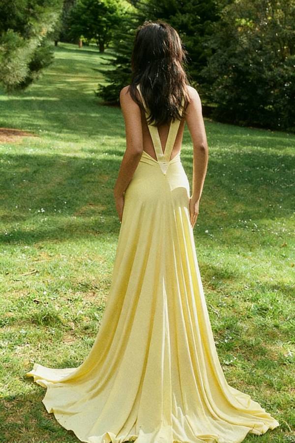 Moon Light Satin V-neck Draping Knit Fabric Backless Maxi Dress