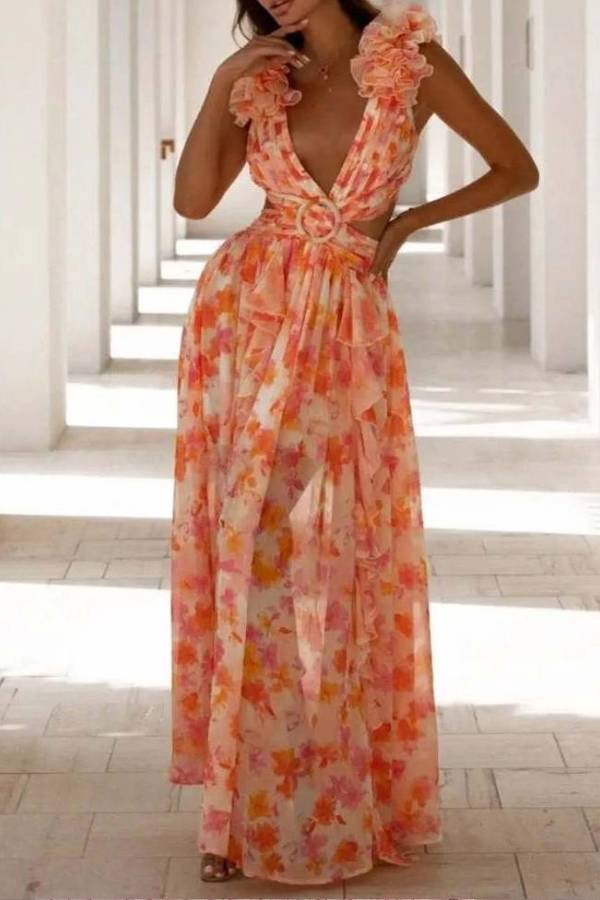 Deep V-neck Floral Hollow Maxi Dress