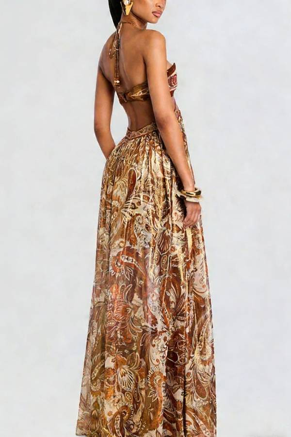 Bohemian Flair Chiffon Golden Paisley Print Cutout Halter Maxi Dress