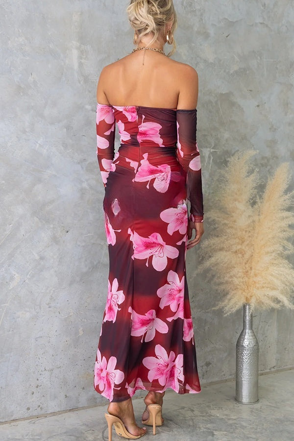 Floral Fantasy Mesh Off Shoulder Long Sleeve Stretch Maxi Dress