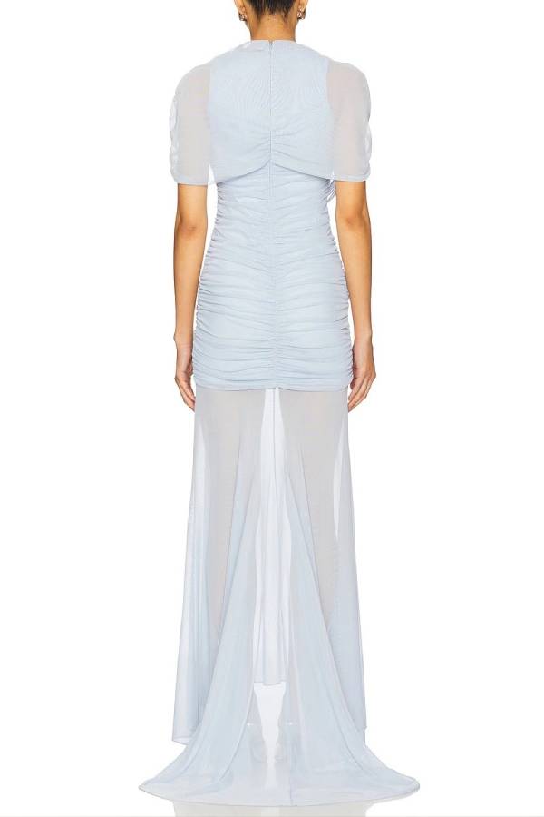 Elegant Ruched Sheer Panel Short-Sleeve Maxi Dress