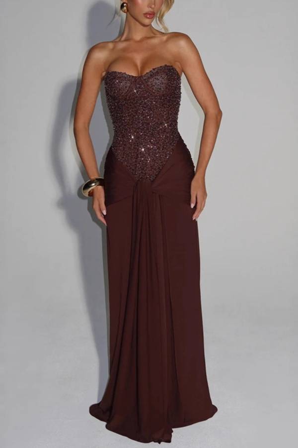Strapless Sequin Corset Ruched Slit Evening Gown