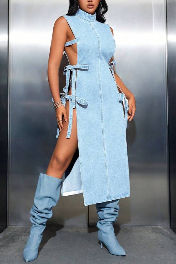 High Neck Sleeveless Cutout Tie Side Denim Midi Dress