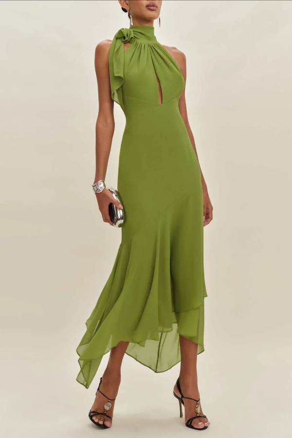 Halter Neck Open-Back Cutout Ruffle Hem Maxi Dress
