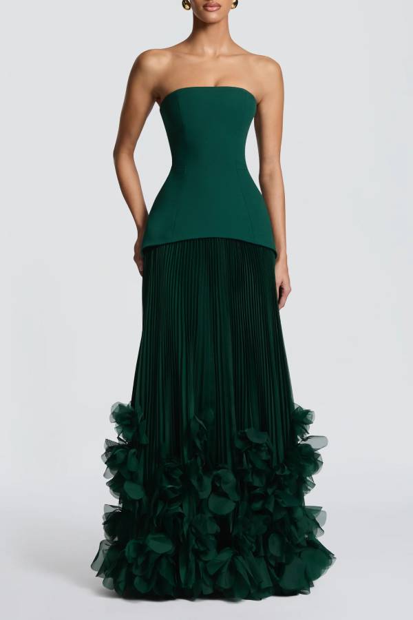 Serafina Strapless Back Lace-up Handcrafted Floral Appliqués Pleated Hem Gown Maxi Dress