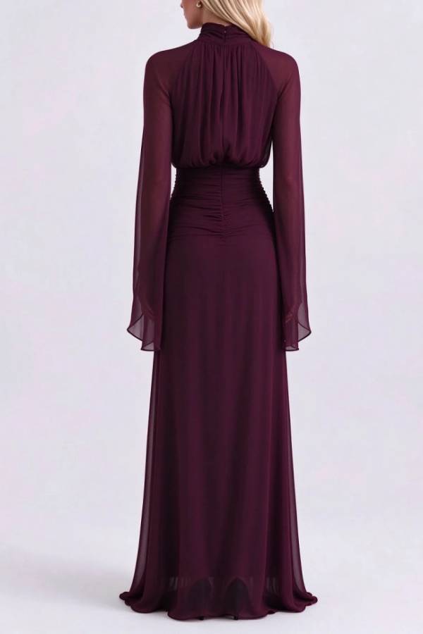 High Neck Pleated Bodice Flared Sleeve Ruched Maxi Evening Dress