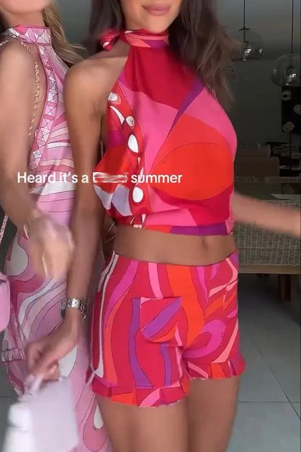 Ansela Unique Print Halter Tie-up Neck Tank and Stretch Pocket Ruffles Trim Shorts Set