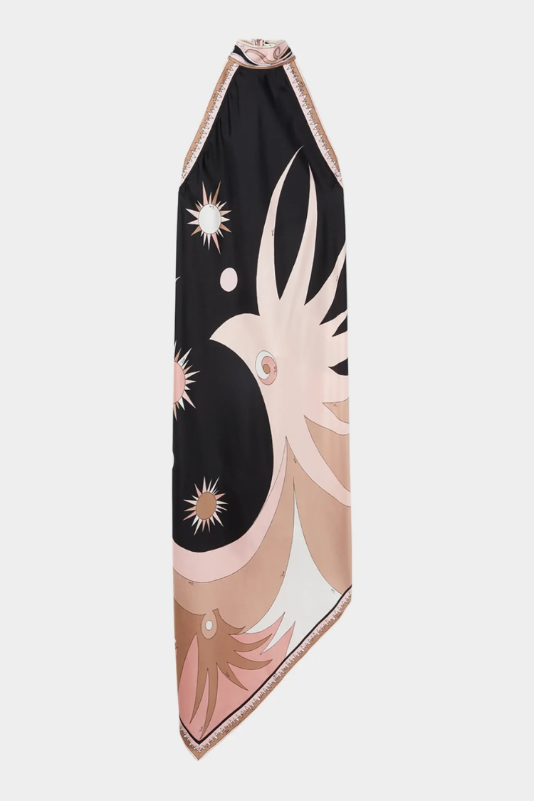 Satin Unique Print Halter Neck Backless Irregular Vacation Midi Dress