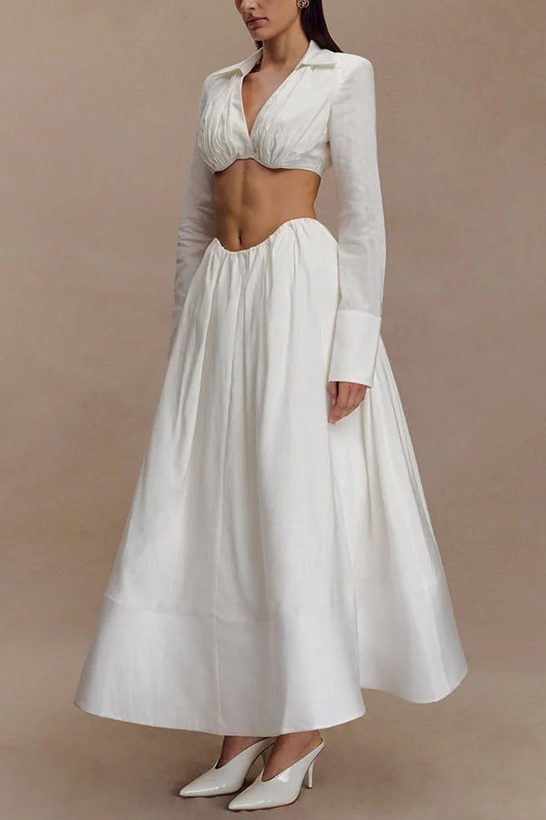Greta Linen Blend Bra-style Gathered Long Sleeve Crop Shirt and Mid Rise Pocket Umbrella Skirt Set
