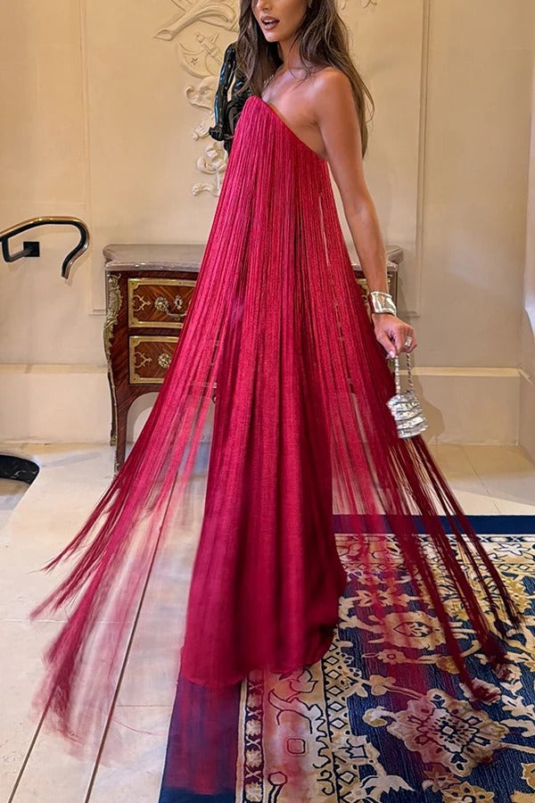 Dreamy Eye-catching Shiny Fringes Off Shoulder Floor-length Gown Maxi Dress