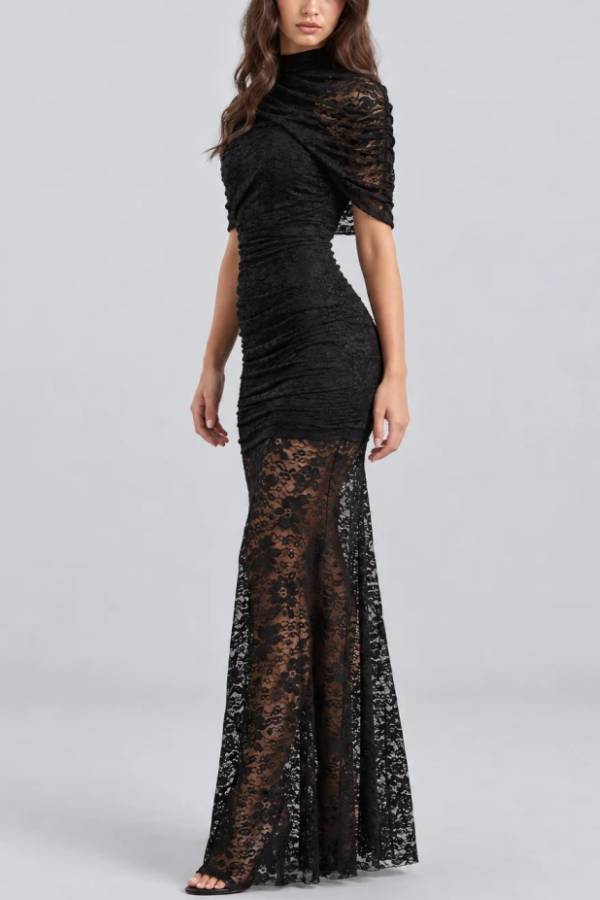 High Neck Ruched Black Floral Lace Semi Sheer Column Maxi Dress