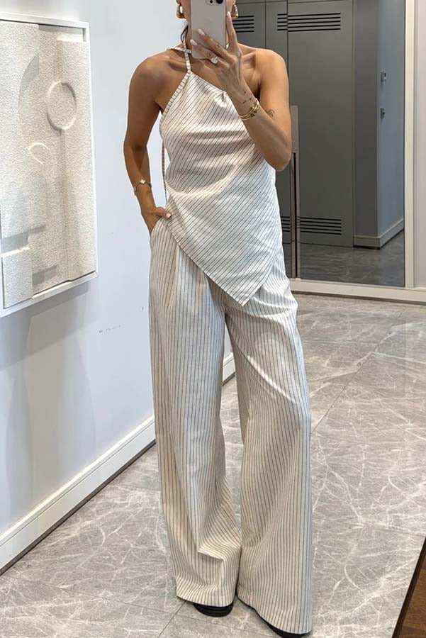 Moriah Striped Thin Strap Halter Neck Scarf Top and Pocketed Wide Leg Pants Set