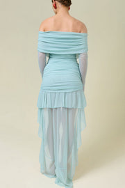 Off Shoulder Long Sleeve Ruched High-Low Maxi Dresses-Yellow [Pre Order]