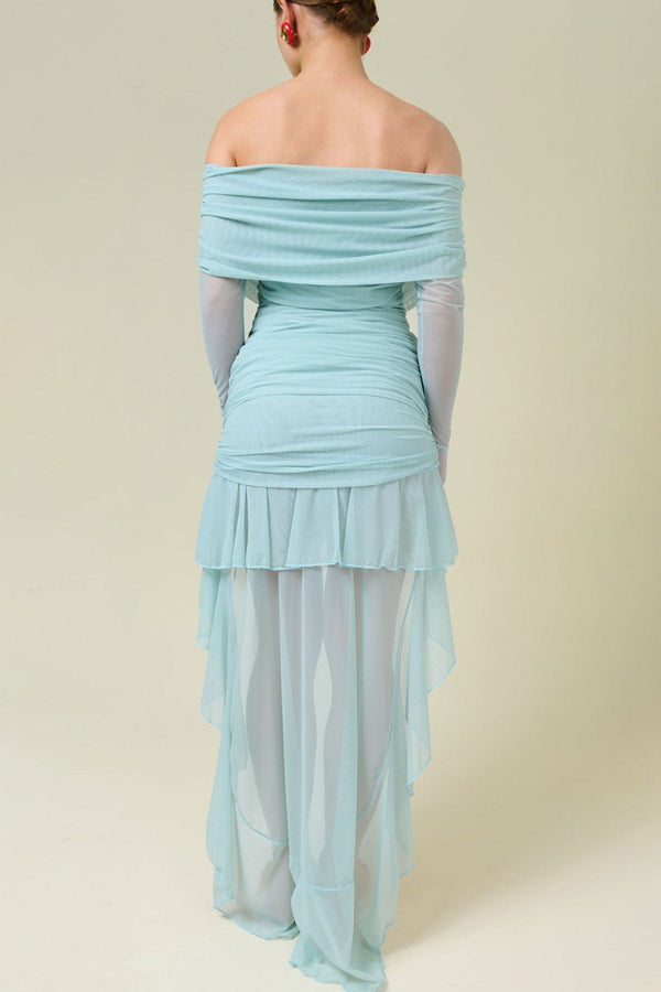 Off Shoulder Long Sleeve Ruched High-Low Maxi Dresses-Yellow [Pre Order]
