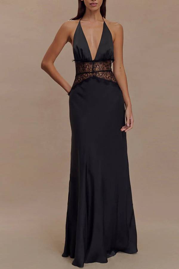 Halter Deep V Lace-Trim Satin Evening Gown