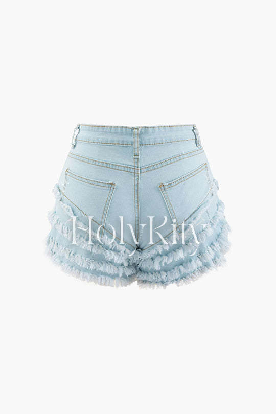 Tiered Frayed Denim Shorts
