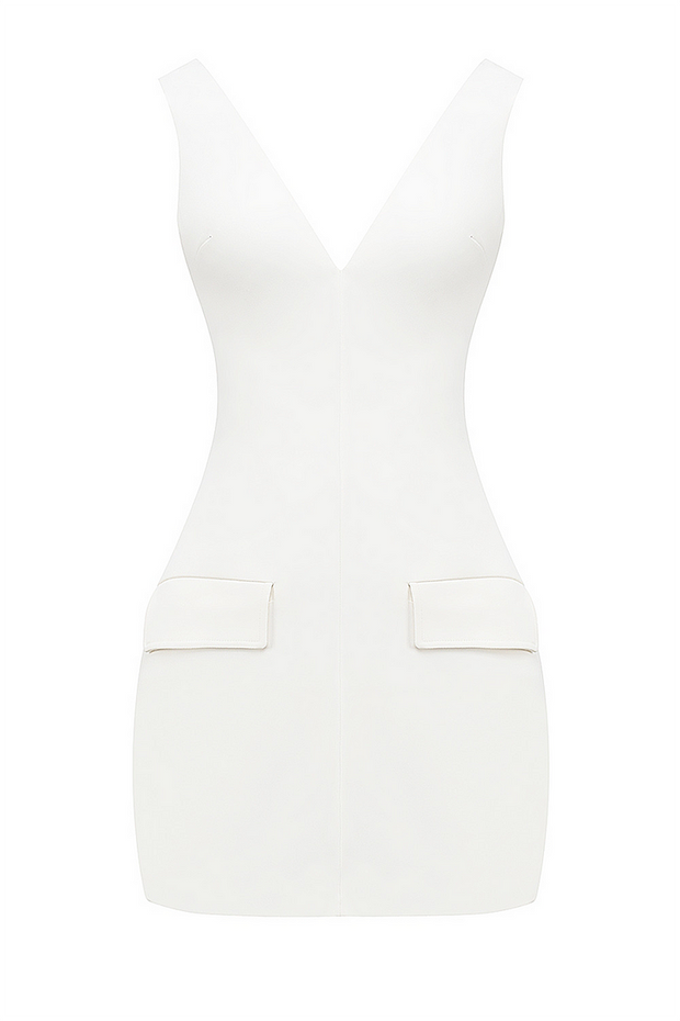 Deep V Neck Solid Color Bodycon Mini Tank Dresses-White [Pre Order]