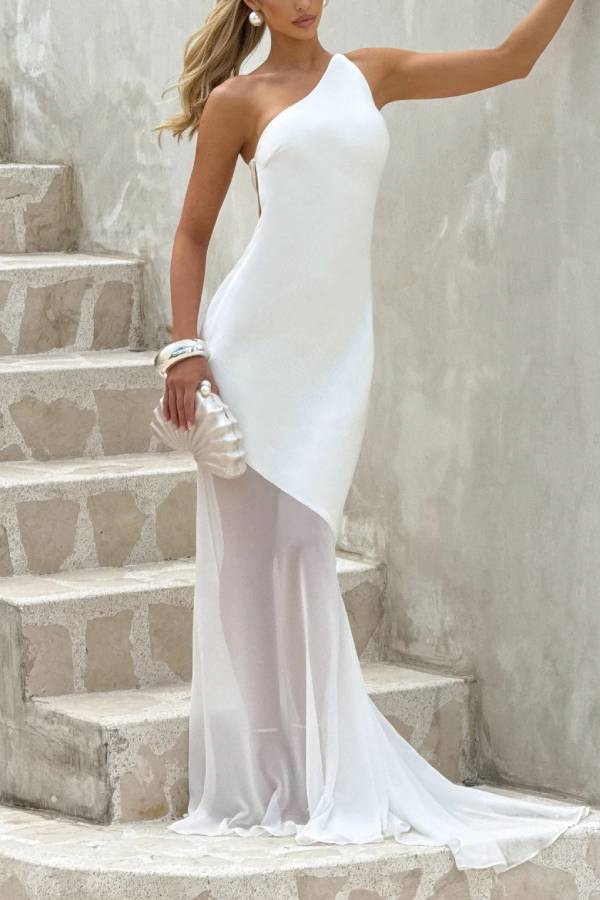 Fable Satin One Shoulder Back Adjustable Straps Contrast Chiffon Hem Maxi Dress