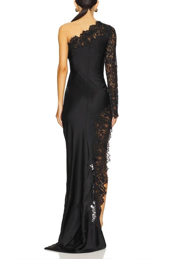 Black one-shoulder lace high slit maxi dress