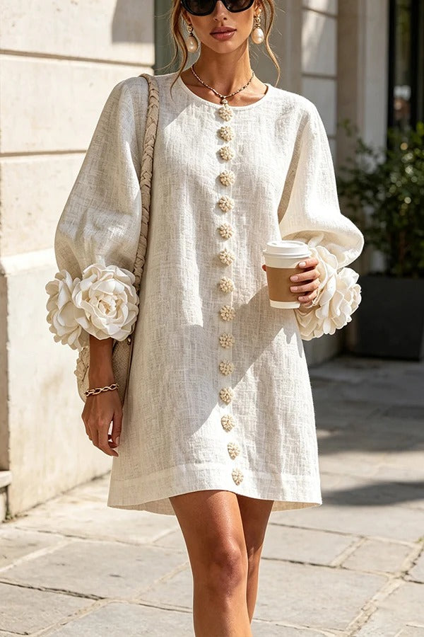 Rima Linen Blend Flowers Button Down Floral Cuffs Half Sleeve Mini Dress
