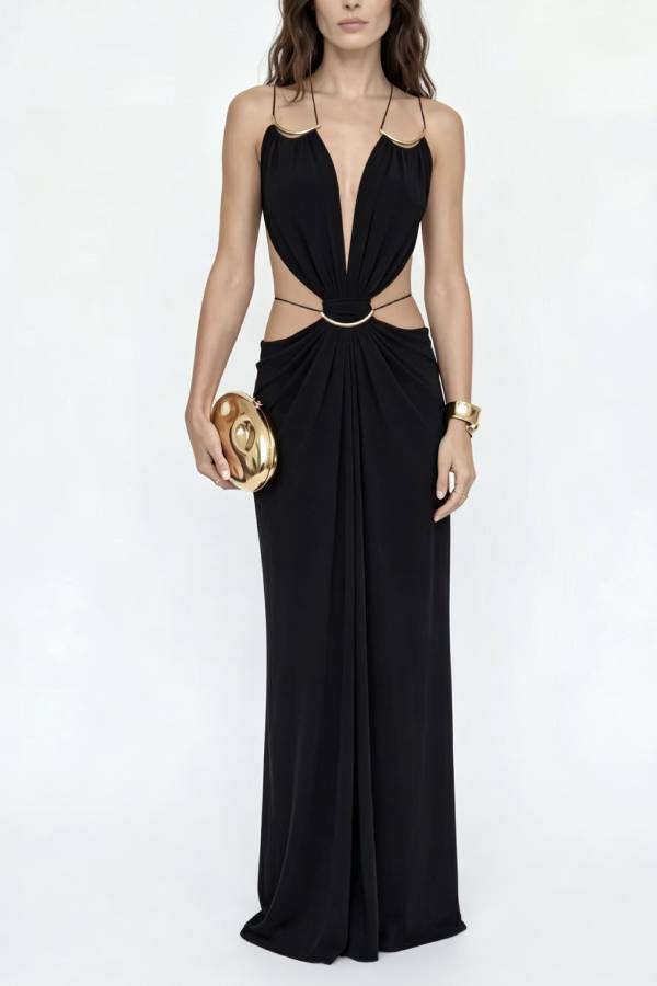Metal Ring Deep V Cutout Waist Draped Maxi Vacation Party Dress