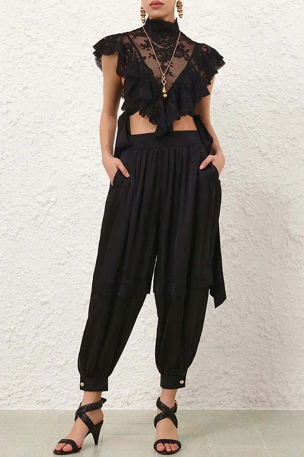 Esella Satin Gathered Waist Pocket Button Ankle Cuffs Harem Pant