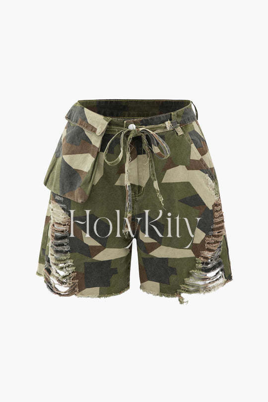 Camo Tie Waist Frayed Shorts
