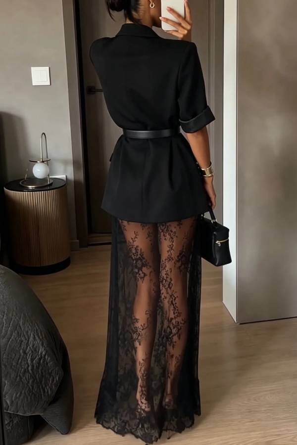 Black Short Sleeve Blazer & Sheer Floral Lace Slip Maxi Dress Two-piece Set