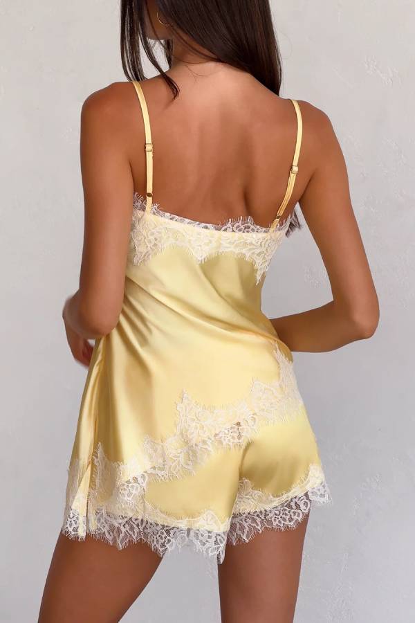 Satin Eyelash Lace Cami Top & Shorts Two Piece Lingerie Pajama Set