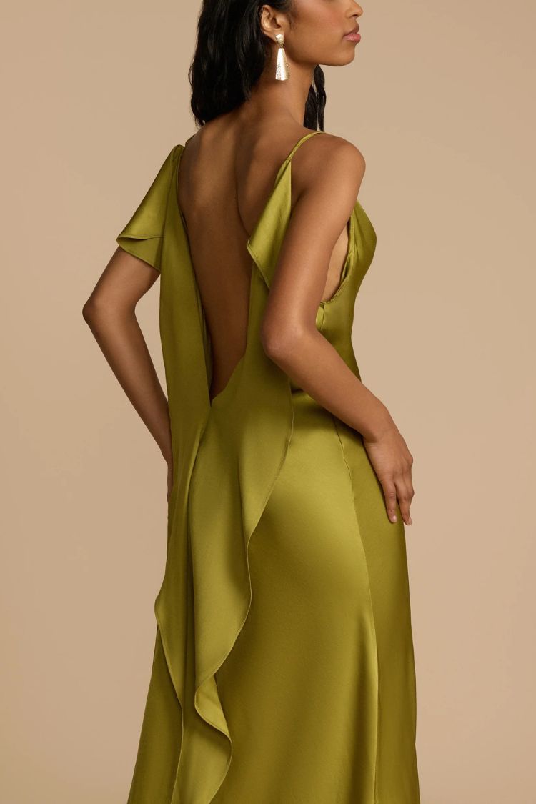 Evening Date Satin Cowl Neck Drape Ruffle Backless Bias Cut Party Maxi Dress