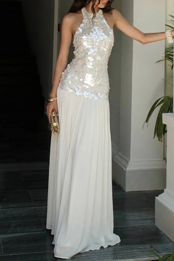 Halter Sequin Chiffon Spliced Long Evening Gown
