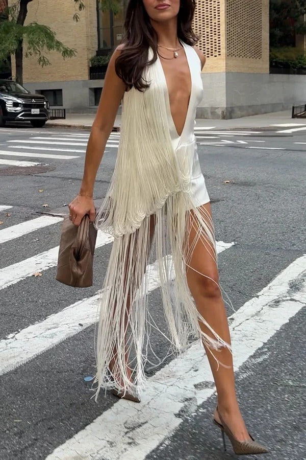 Dramatic Effect Plung Neck Sleeveless Irregular Draped Tassels Midi Top