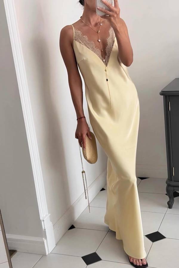 Eyelash Lace V Neck Satin Mermaid Maxi Slip Dress Evening Party Gown