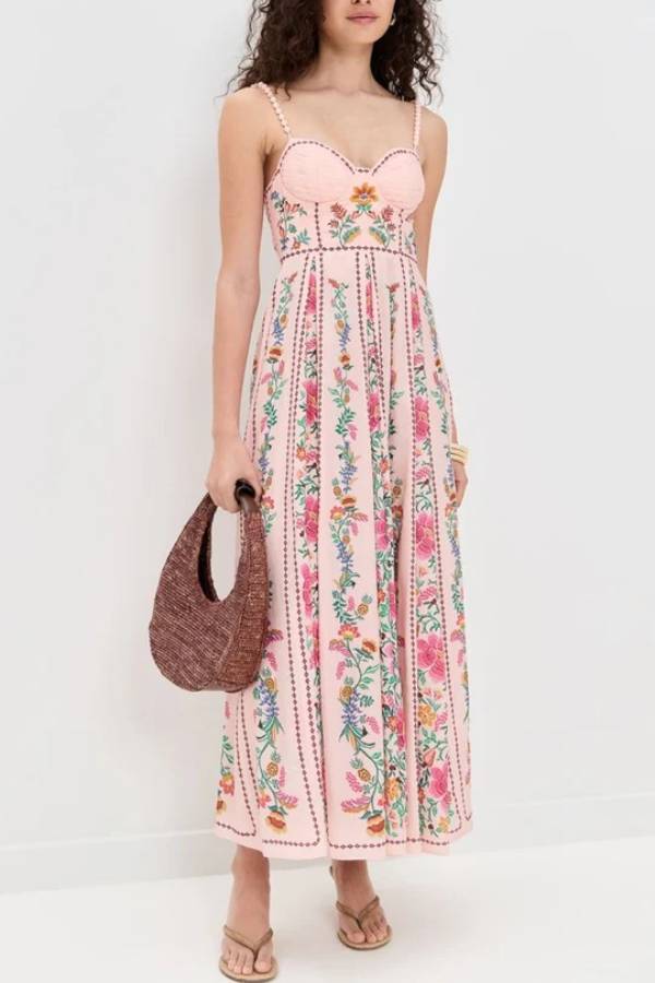 Delicate Forest Unique Print Sweetheart Neck Beaded Straps Maxi Dress