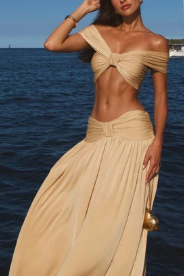 Khaki Twist Off‑Shoulder Crop Top & High‑Waist Maxi Skirt Two‑Piece Set