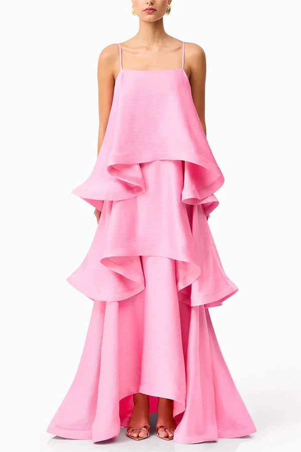Soft and Smooth Satin Tiered Slip Square Neck A-line Maxi Dress