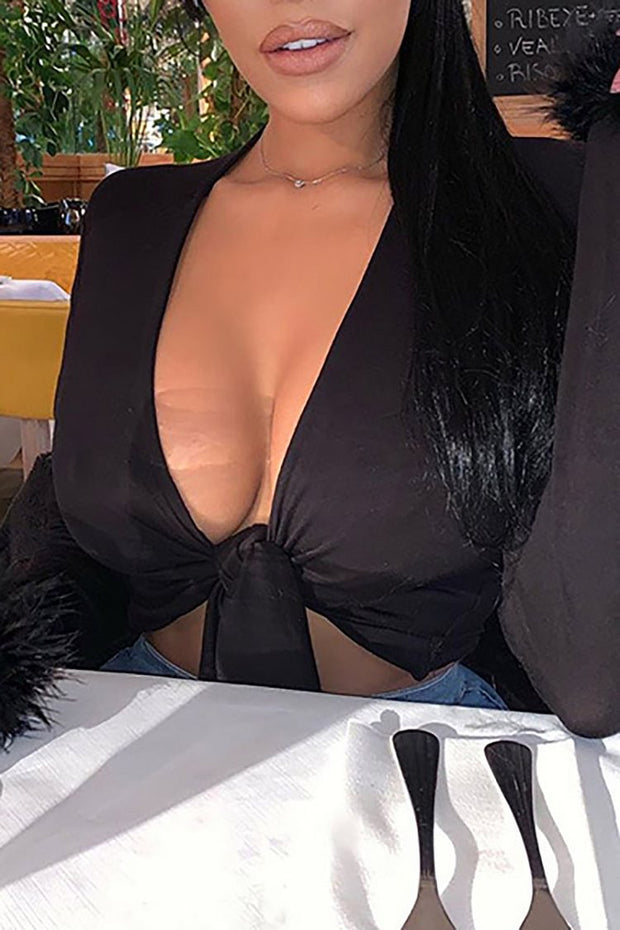 FEATHER TRIM LONG SLEEVE TWISTED TIE UP CROP TOP