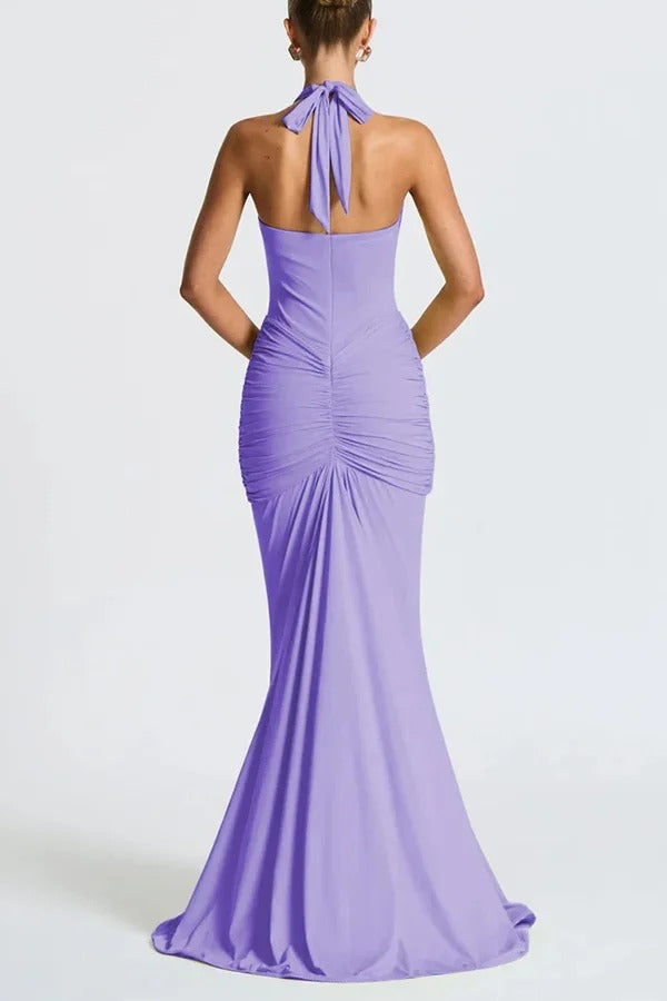 Solid Color Elegant Halterneck V-neck Open Back Tie Gathered Maxi Dress