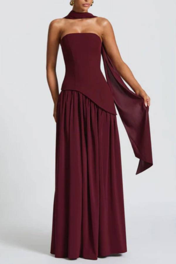 Strapless Slit Ribbon Maxi Dress