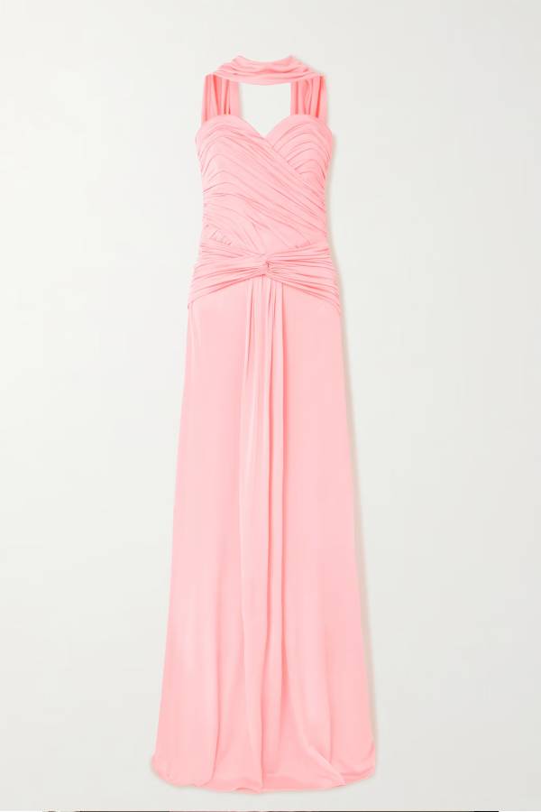 Pink Halter Twist Draped Maxi Evening Gown