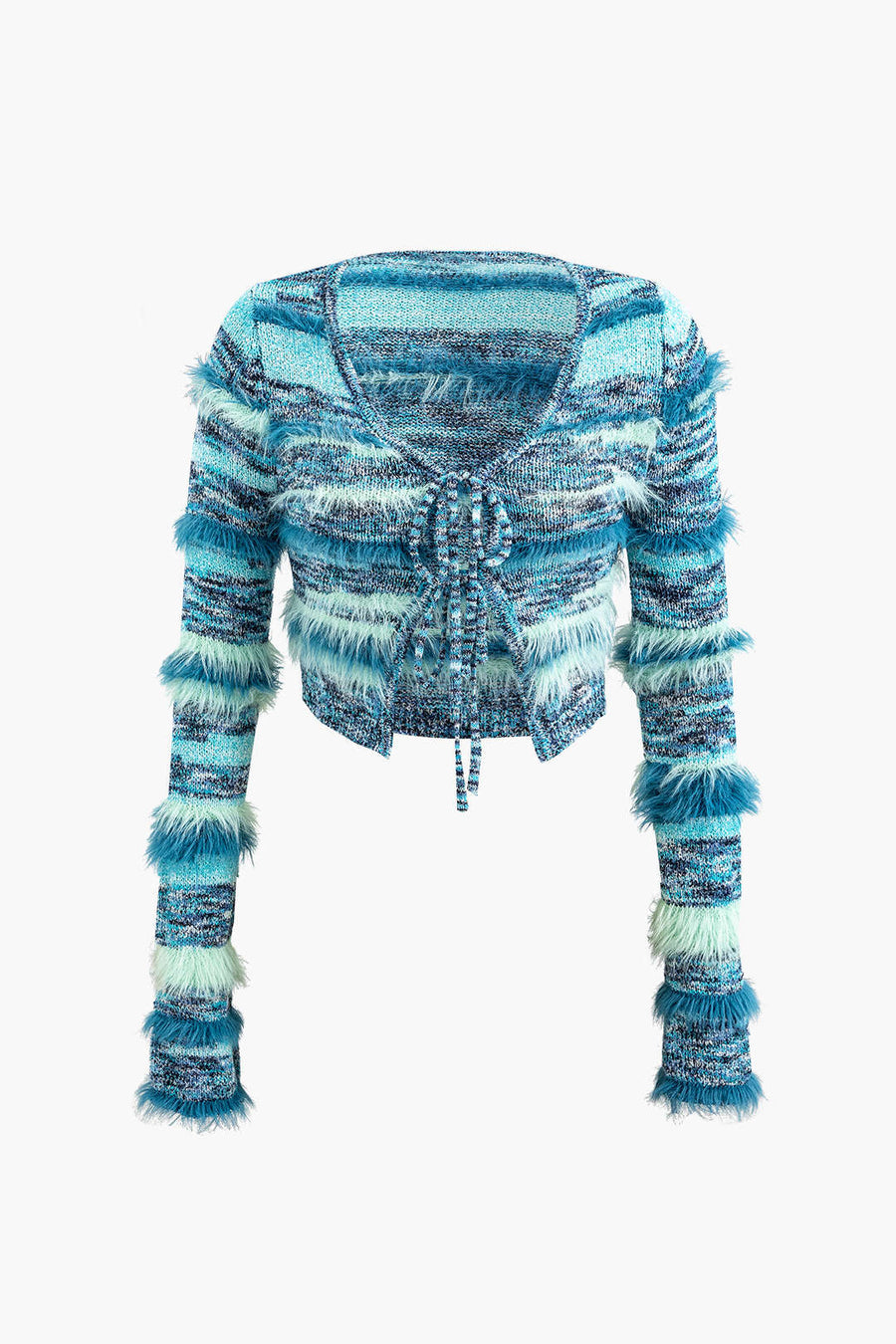 Langärmlige Strickjacke mit Streifen und Federdetail zum Binden vorn 