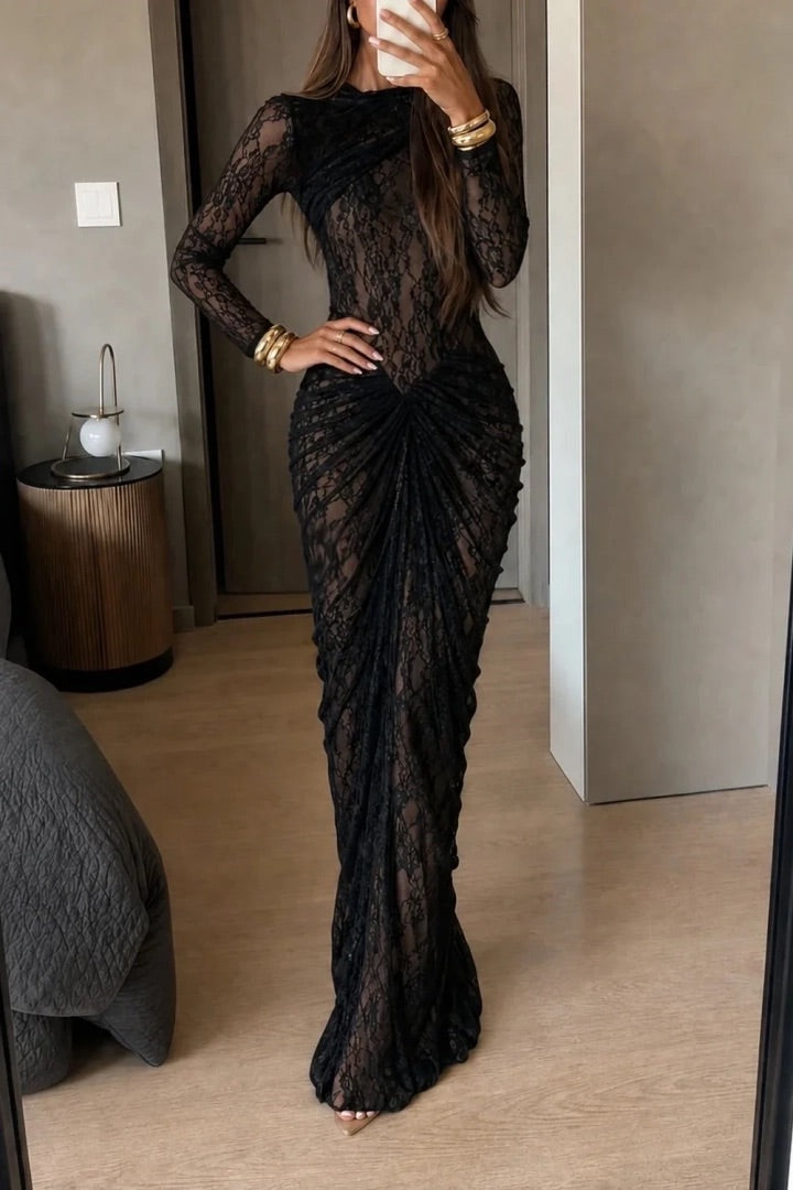 Black Lace Long Sleeve Mock Neck Ruched Draped Maxi Dress